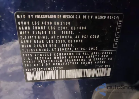 2024 Volkswagen Taos 1.5T Se из США, поврежденный, VIN 3VVVX7B21RM067792